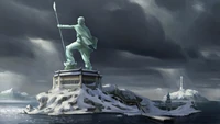 Estatua de Aang vigila la ciudad.