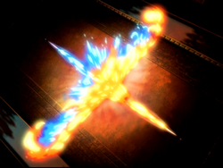 Een explosie van oranje geel vuur van Zuko tegen de blauwe gloed van zijn zus.