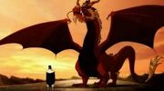 Zuko landet mit seinem Drachen vor einem Mitglied des weißen Lotus