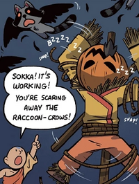 Sokka asustando a los cuervos mapaches