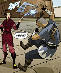 Azula golpeando a Sokka con su rayo