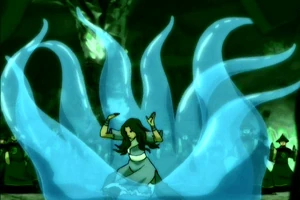 Katara staat in het water en maakt de Octopus vorm om zich heen.