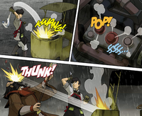 Satoru used 's club to damage the forklift's engine, causing its buttons to fly out and knock  unconscious.