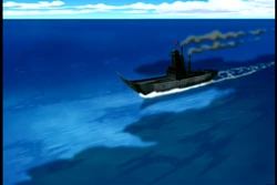 Zuko's schip, een klein en betrekkelijk snel stoomschip in een hele grote koude zee.