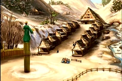 Het dorp, twee rijtjes woonhuizen langs de hoofdstraat en een dorpshuis waar ook de gasten kunnen verblijven.