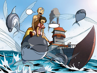 Aang and Kiyi ride a dolphin fish