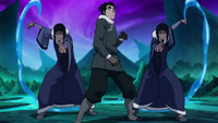 Bolin, having been saved by , fought against alongside the twins and  in an attempt to stop  from reaching  inside the .