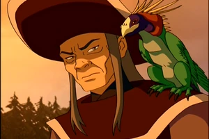 Piraten Kapitein met breedgerande hoed en reptiel vogel op de schouder