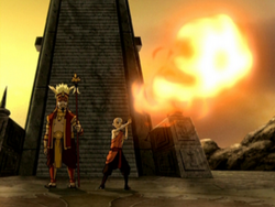 Aang firebends at the Sun Warriors' city