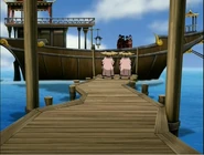 На барже Азула, Зуко, Мэй и Тай Ли прибыли на Угольный остров. («Пляж»)