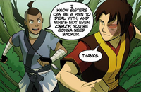 Empathizing with his friend's sisterly problems, Sokka went with  to assist him against .