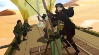 Todos los tripulantes escapando del Tiburón de arena