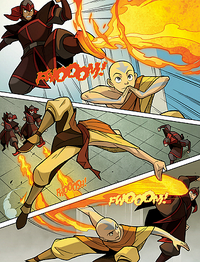 Fire Nation firebenders fighting Aang