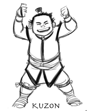 Een pentekening van Kuzon, een beetje zware enthousiast juichende knul.