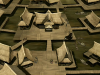 The area around 's fish market features a set of small houses.