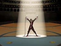 The ring announcer entered the arena in an exuberant manner.