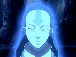 Avatar Yangchen in een blauwe visioen gloed.