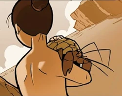 Zuko heeft op het strand een schildpadkrab op zijn schouder.