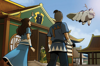 Katara and Sokka wave off Aang