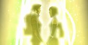 Korra und Asami stehen Hand in Hand im Geisterportal