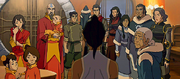 Pema, Rohan, Ikki, Jinora, Bolin, Korra, Mako, Asami, Tonraq, Senna, Katara y Lin en el Polo sur