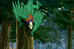 De Reptiel Vogel klimt sluipend omlaag langs een boomstam