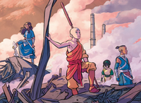 Team Avatar in the rubble of a destroyed factory
