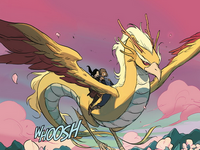 Korra and Asami riding the dragon bird spirit