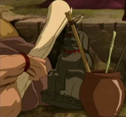 Het Aap Standbeeld tussen de andere spullen van Team Avatar