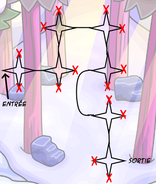 Plan de la foret. Les croix débouche sur la salle "Oups! on dirait que tu t'es perdu. Reviens en arriere pour retrouver ton chemin." et la sortie conduit au centre de recyclage.