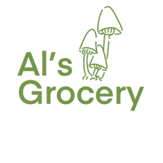 Green mushrooms sit to the right of equally green text that reads "Al's Grocery" in a simple, non-serif font