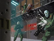 Concept art of combat androids from Aliens: Extermination, by Scott Pikilski. [9] Note the use of a ballistic shield, not present in the final game.