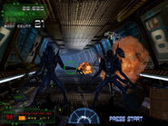 The redesigned hexagonal Semiotic Standard as it appeared throughout Hadley's Hope in the 2006 arcade game Aliens: Extermination.