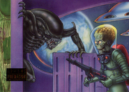 Card 51 - Original Aliens vs. Mars Attacks! art by Zina Saunders.