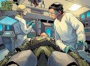 Fox and Welles examining Kurtz in the medlab.