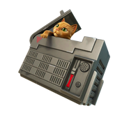 The 'Weyland Yutani Cat Carrier' accessory from the game Fortnite, featuring Jones.