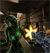 Screenshot of a player using the Smartgun.[6]