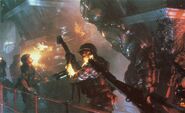 Production still of Apone armed with Frost's flamethrower inside the Hive on LV-426. Also note the Marine in the background with an M240 and the front of a Smartgun to the right.