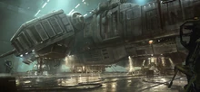 Concept art of the Dry Docks showing the Anesidora next to some Power Loaders.