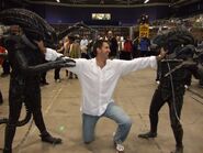 Whyte with his fans dressed in Xenomorph costumes, reenacting a scene in the sewers in Aliens vs. Predator: Requiem.