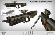 Concept art of the "Armat M42A Rifle" from Aliens: Colonial Marines. The M42A was eventually replaced with the similar M4RA Battle Rifle.