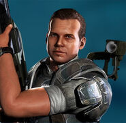 Promotional image of Hudson's multiplayer skin in Aliens: Colonial Marines, mirroring his production still image.