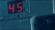 The ammo counter on Ripley's Pulse Rifle indicating that there are 45 rounds left.