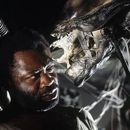 Behind the scenes image of Parker face to face with the Xenomorph.