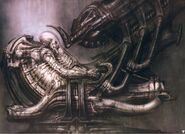 A 1978 acrylic on canvas painting by H. R. Giger of the Pilot.