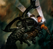 Tunnel Rat wrapping a noose around a Xenomorph's neck.
