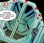 The Semiotic Standard symbols for Artificial Gravity Absent and Pressure Suit Locker as seen aboard the American in the 1989 comic book series Aliens: Nightmare Asylum.