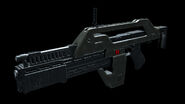 Concept rendering of a Pulse Rifle from Aliens: Colonial Marines. Note the leaf sight presumably for the U1 and the ammo counter whose numbers are less "square" than they normally are.