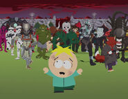 Butters running away from the evil Imaginationland characters in "Imaginationland Episode II". A Predator is on the left and a Xenomorph is on the right.