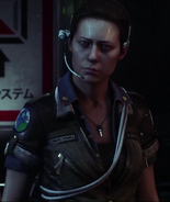 Amanda Ripley wearing a headset with the add-on of a flashlight as seen in Alien: Isolation.